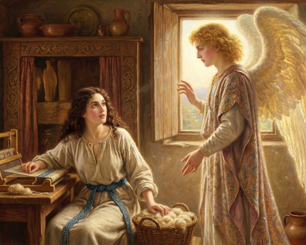 Oil Painting of a Woman and Angel in Rustic Setting