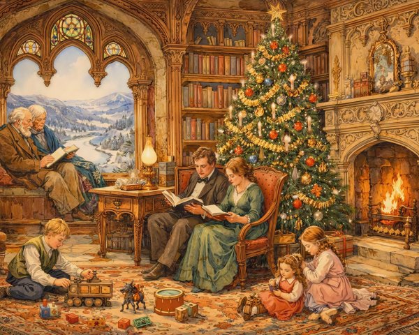 Victorian Era Christmas Scene in Grand Living Room