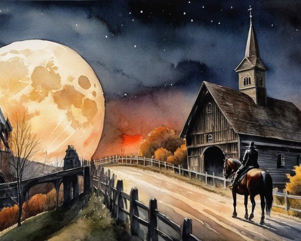 Serene Countryside Scene with Moonlit Path and Rider