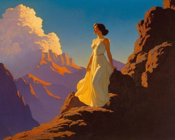 Serene Woman in White Gown Overlooking Mountain Landscape