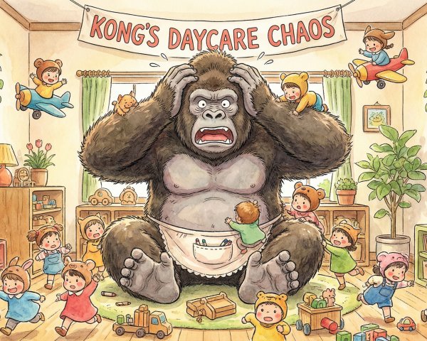 Cartoon of a distressed gorilla in a daycare setting