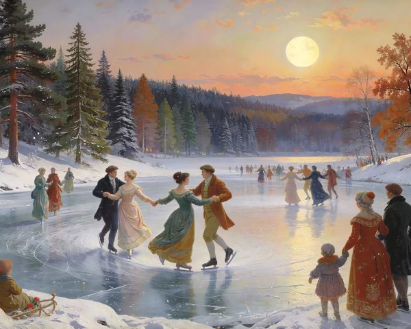 Winter Landscape with Moonlit Ice Skating Scene