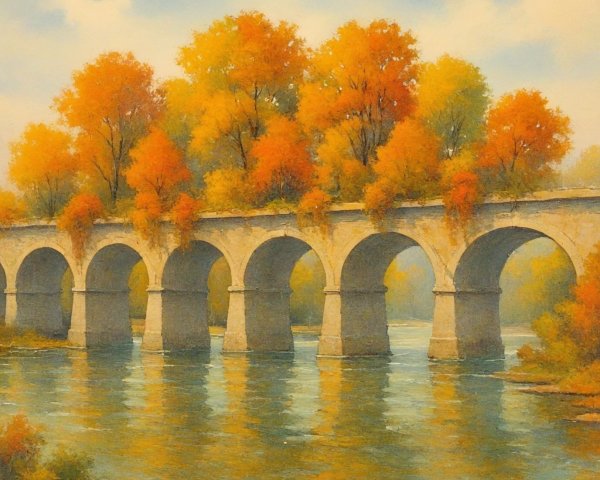 Stone Bridge Over Calm River in Autumn Landscape
