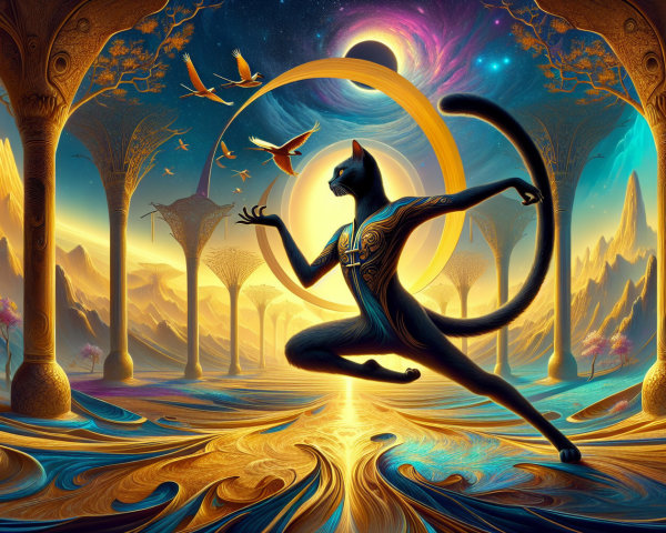 Mystical Feline Dance in Surreal Golden Landscape