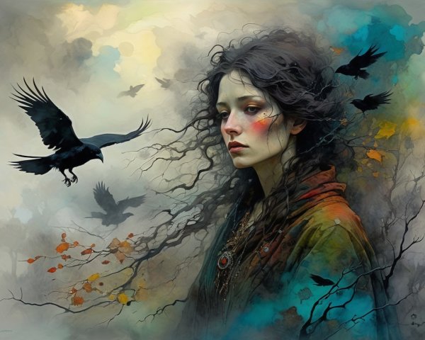 Mystical Portrait of a Young Woman with Crows