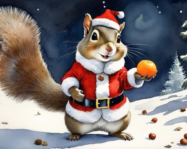 Chipmunk in Santa Suit in Snowy Forest Illustration