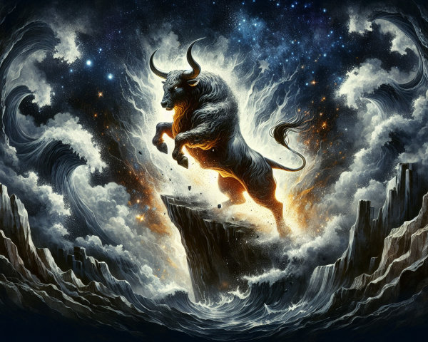 Bull Leaping from Rocky Outcrop Amid Cosmic Scene
