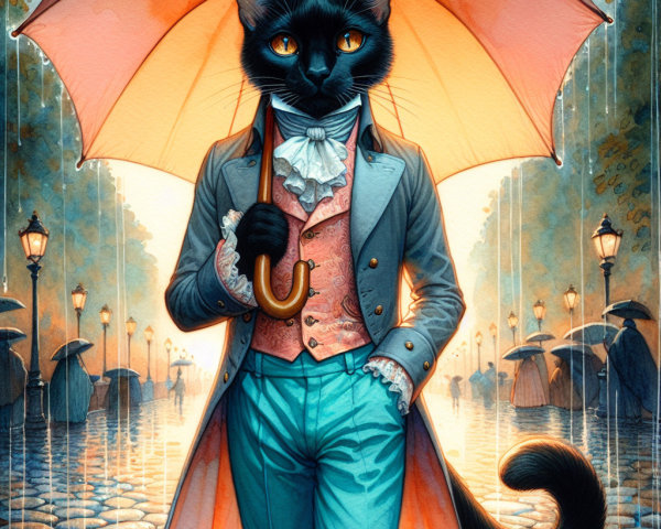 Black Cat in Stylish Coat Under Pink Umbrella