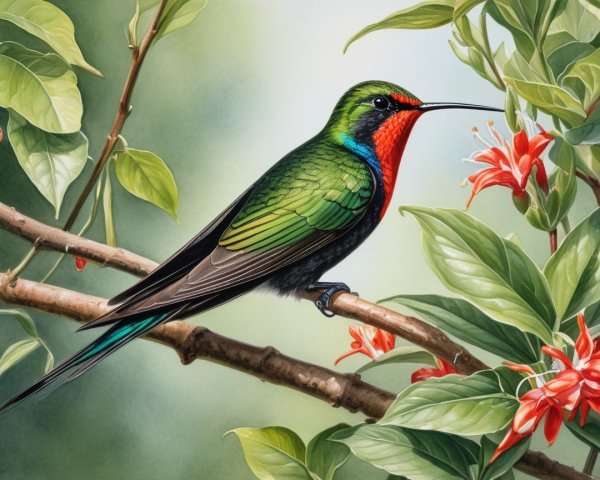 Vivid Hummingbird Among Green Leaves and Red Flowers