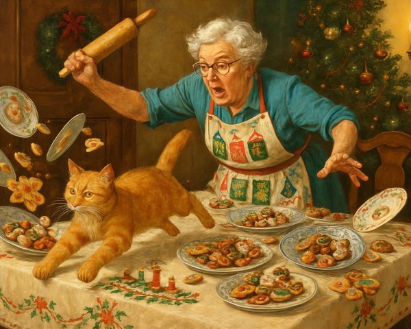 Old Woman's Christmas Cookies Ruined by Ginger Cat