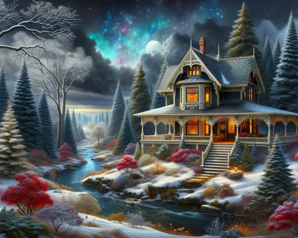 Victorian House by Stream in Winter Wonderland Setting