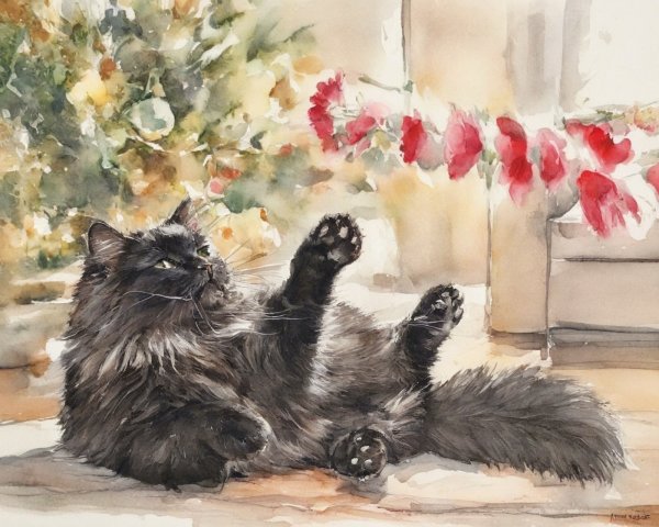 Fluffy Black Cat Lounging in Sunlit Floral Setting