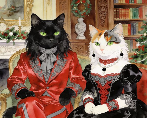 Regal Christmas Portrait of Two Anthropomorphic Cats