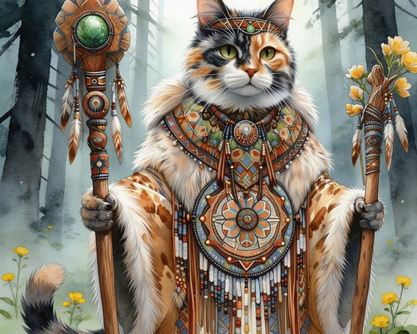 Watercolor Painting of Tortoiseshell Cat in Shamanic Attire