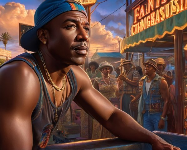 Muscular Man in Blue Cap at Vibrant Street Market