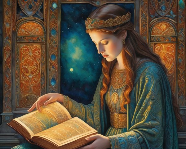 Young Woman in Ornate Dress with Ancient Book