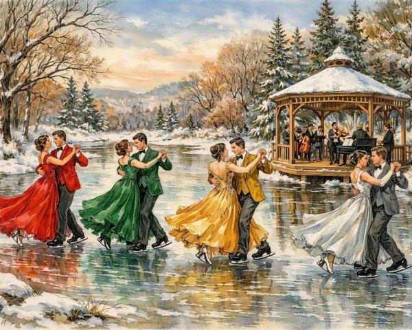 Winter Ice Skating Scene with Couples and Orchestra