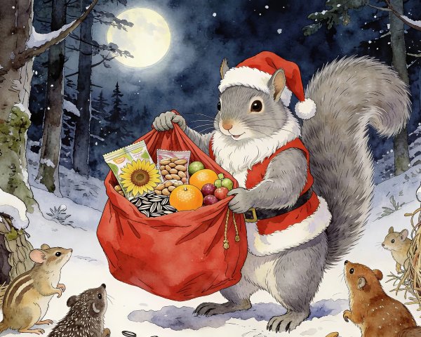 Nocturnal Watercolor of Santa Squirrel in Snowy Forest
