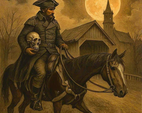 Mounted Figure with Skull Under Full Moon and Trees