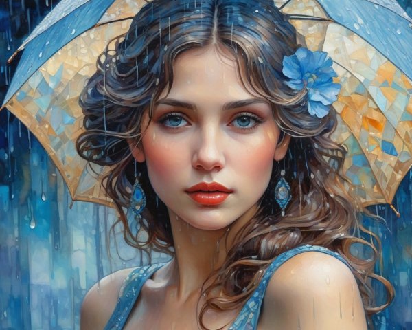 Young woman in blue dress with umbrella in rain