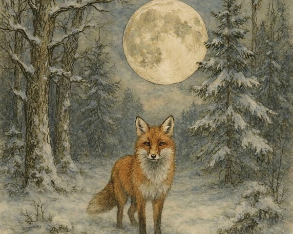 Detailed Painting of a Fox in a Snowy Forest Scene