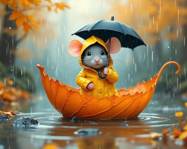 Mouse in Yellow Raincoat in Leaf Boat with Umbrella