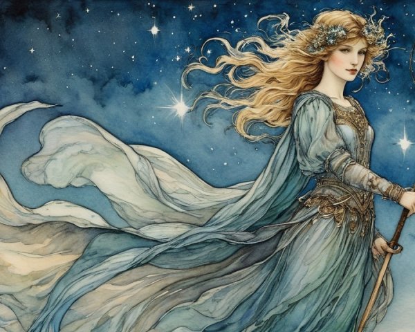 Celestial Figure in Ethereal Gown Against Starry Night