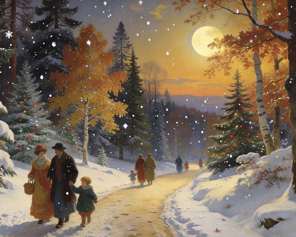 Winter Forest Scene with Snowy Path and Sunset