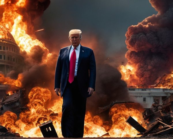 Dramatic scene of figure amidst apocalyptic chaos
