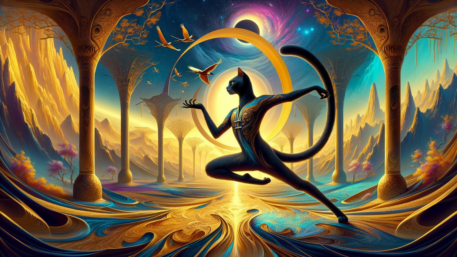 Mystical Feline Dance in Surreal Golden Landscape