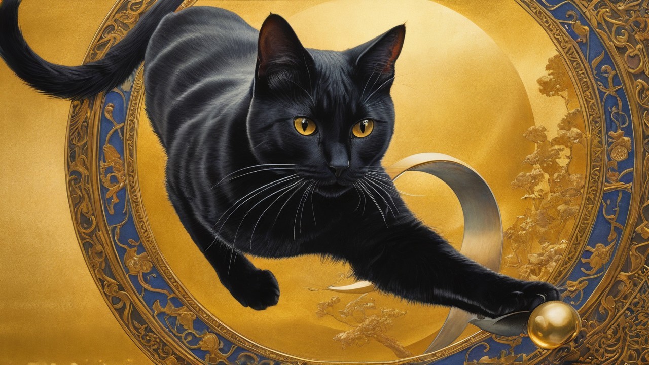 Black Cat with Golden Orb on Vibrant Background