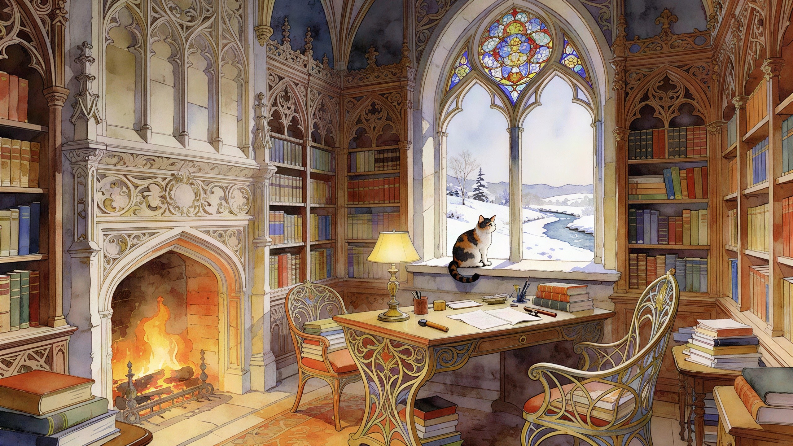Cozy Gothic Study with Fireplace and Snowy View