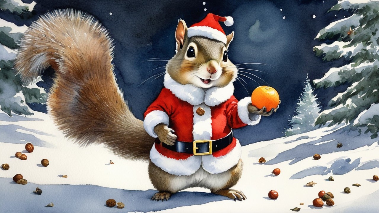 Chipmunk in Santa Suit in Snowy Forest Illustration