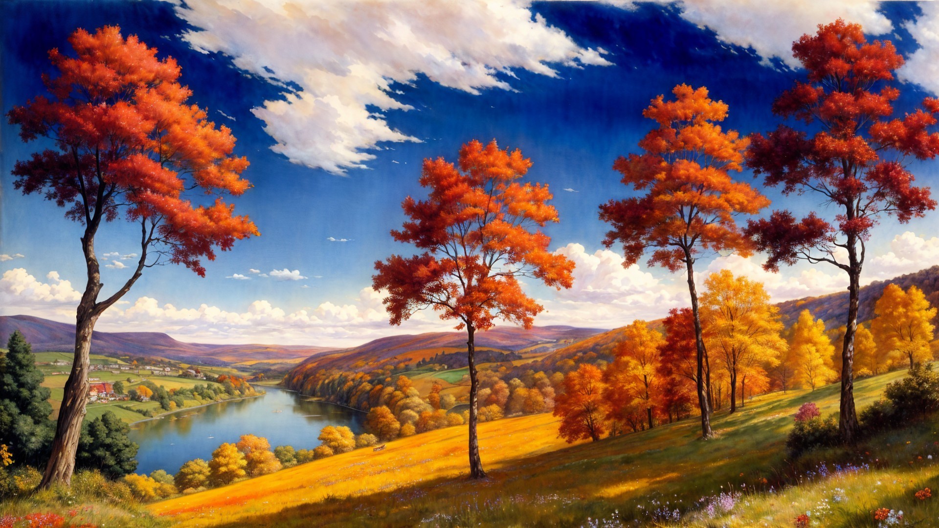 Vibrant Autumn Landscape with Rolling Hills and River