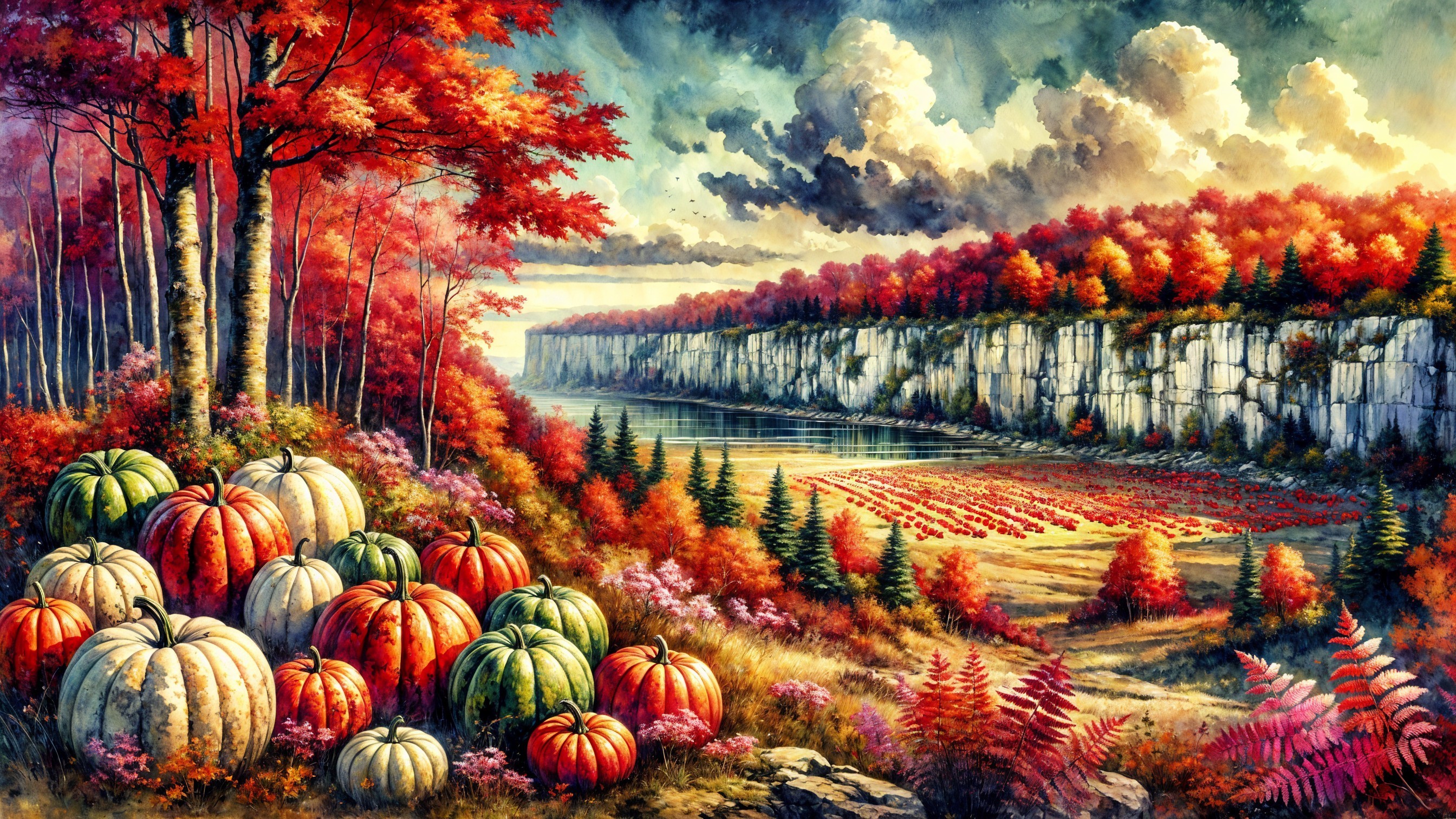 Autumn Landscape with River, Cliffs, and Pumpkins