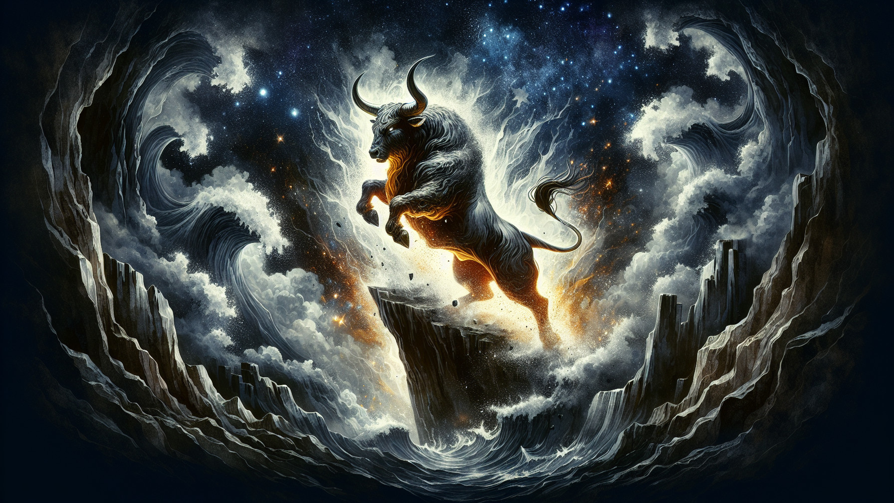 Bull Leaping from Rocky Outcrop Amid Cosmic Scene