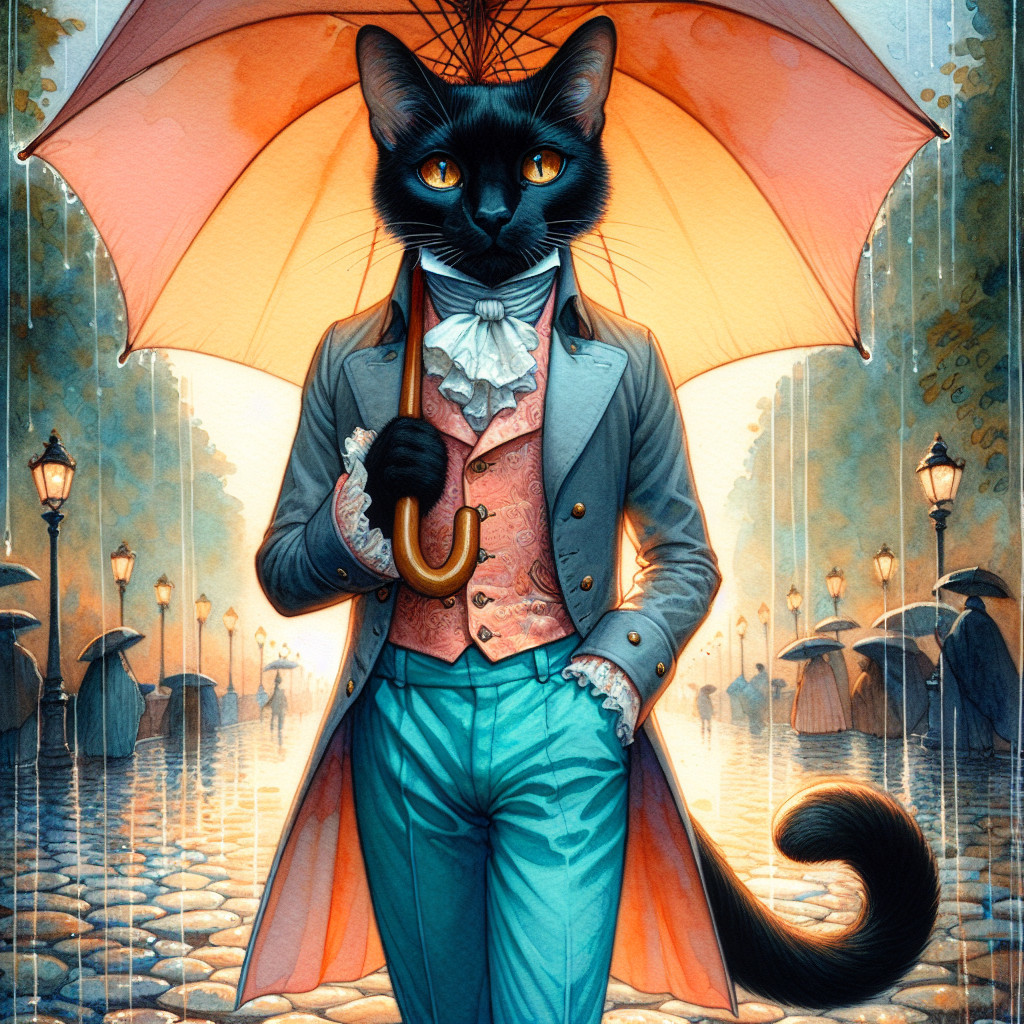 Black Cat in Stylish Coat Under Pink Umbrella