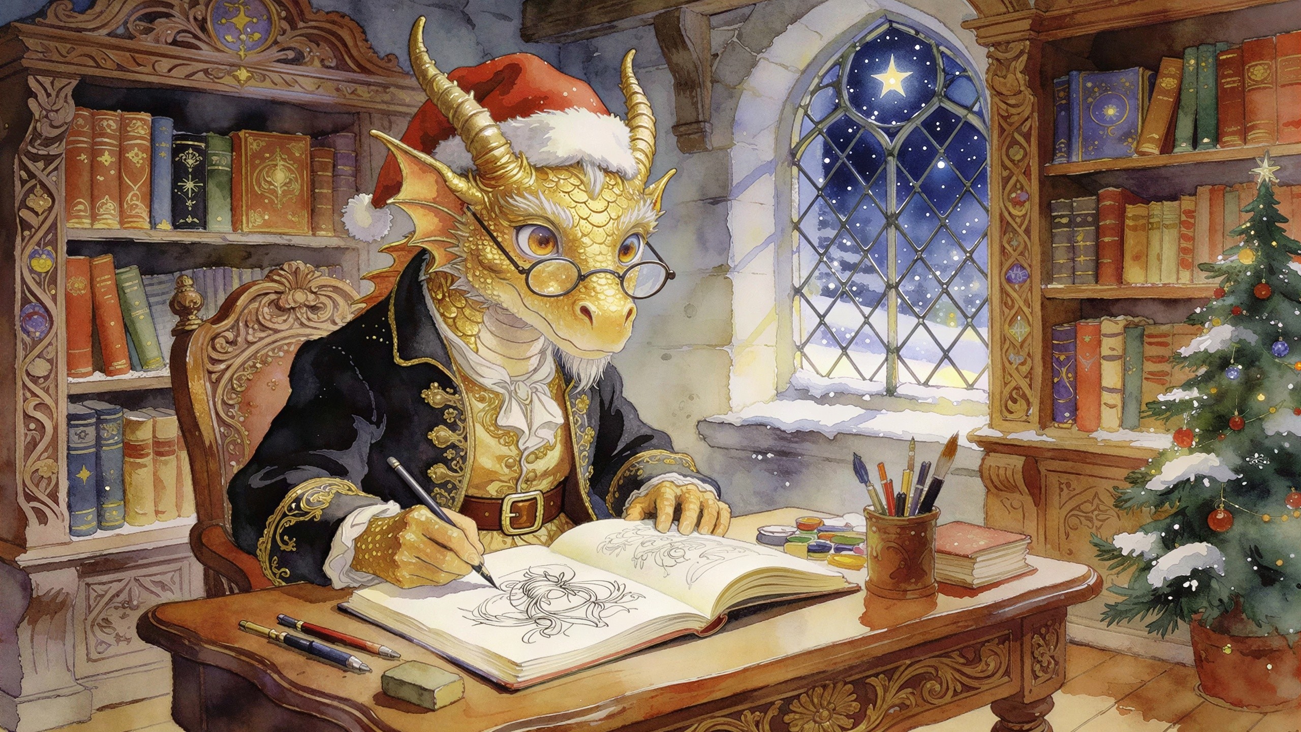 Festive Watercolor Painting of a Dragon at a Desk