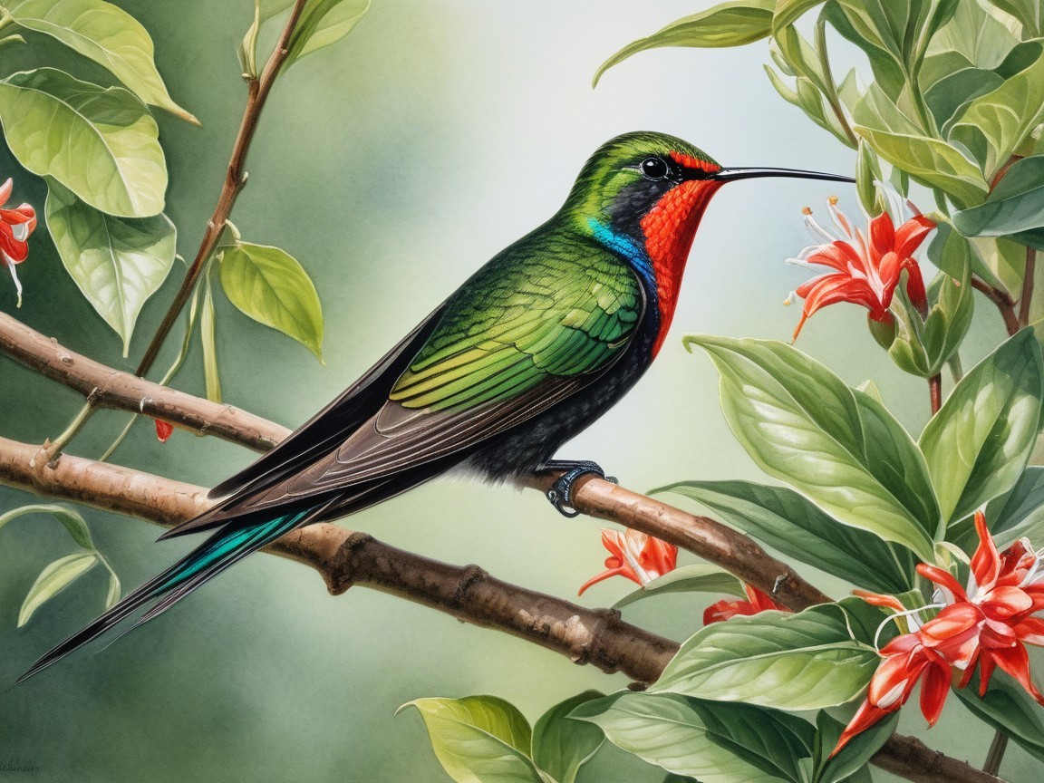 Vivid Hummingbird Among Green Leaves and Red Flowers