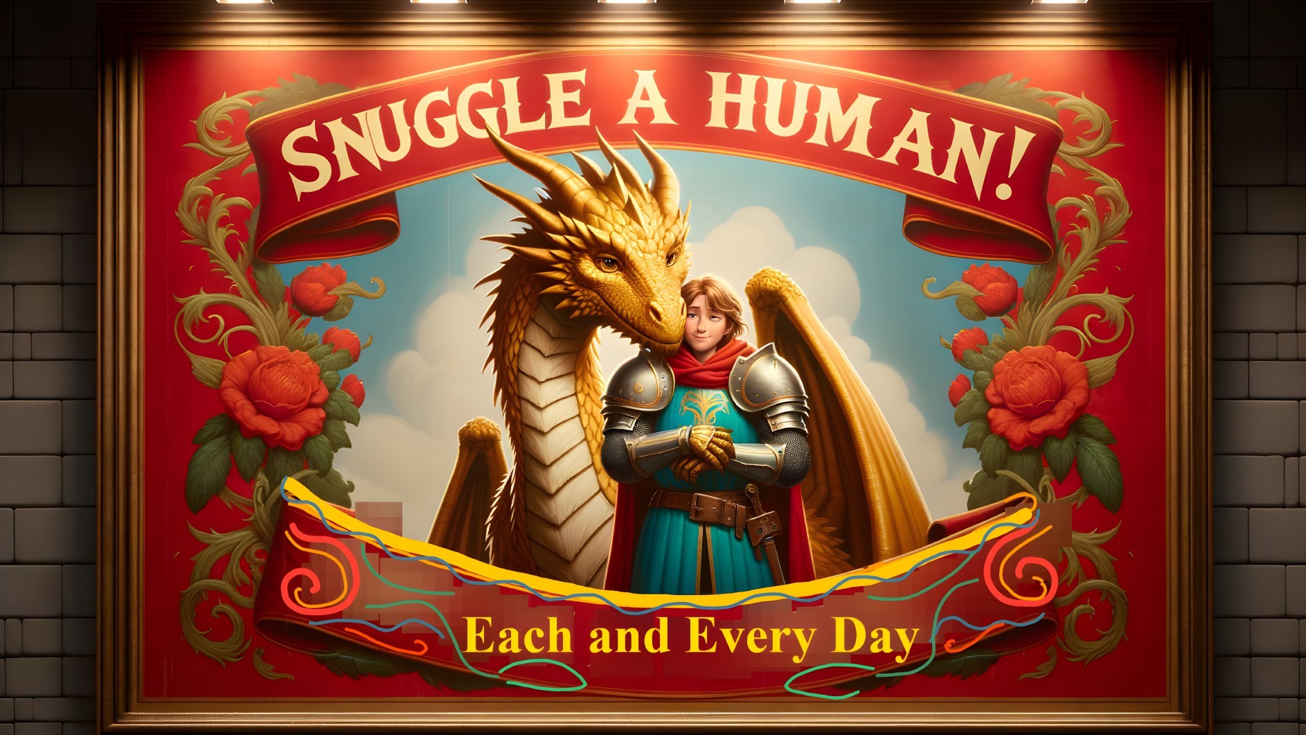 Whimsical Poster of Knight and Friendly Dragon