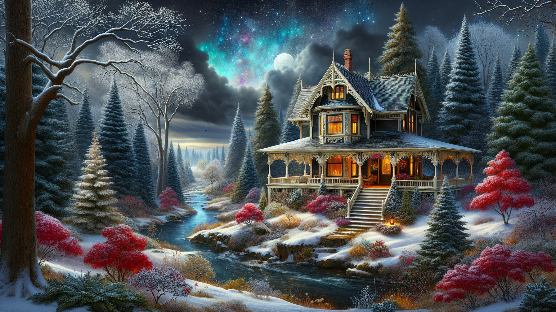 Victorian House by Stream in Winter Wonderland Setting