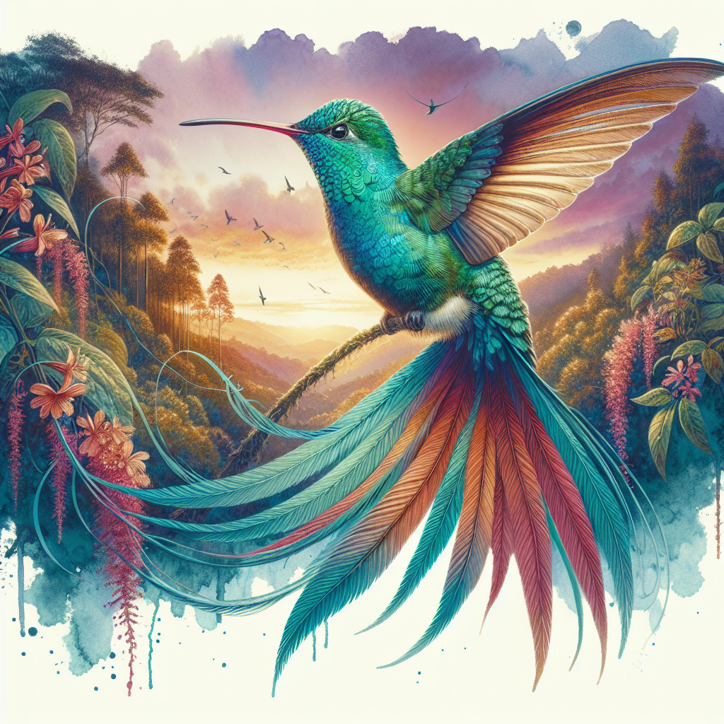 Colorful Hummingbird in Tropical Sunset Landscape
