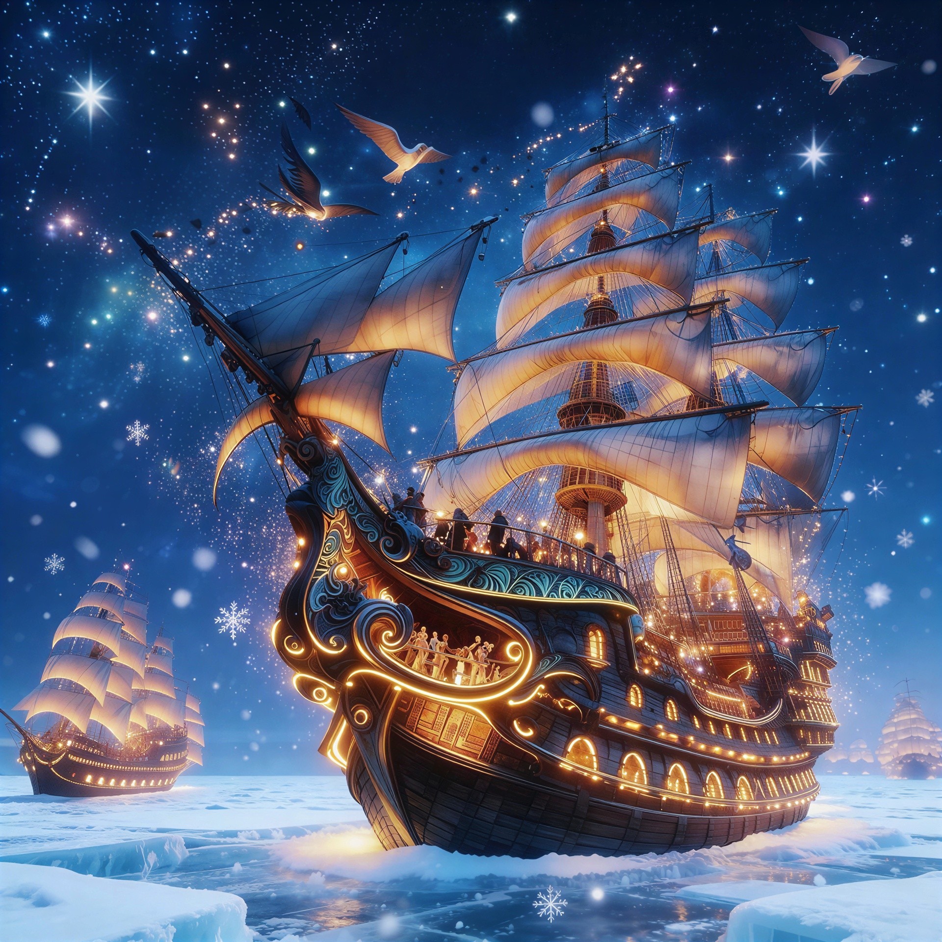 Nighttime Scene of a Grand Multi-Masted Sailing Ship