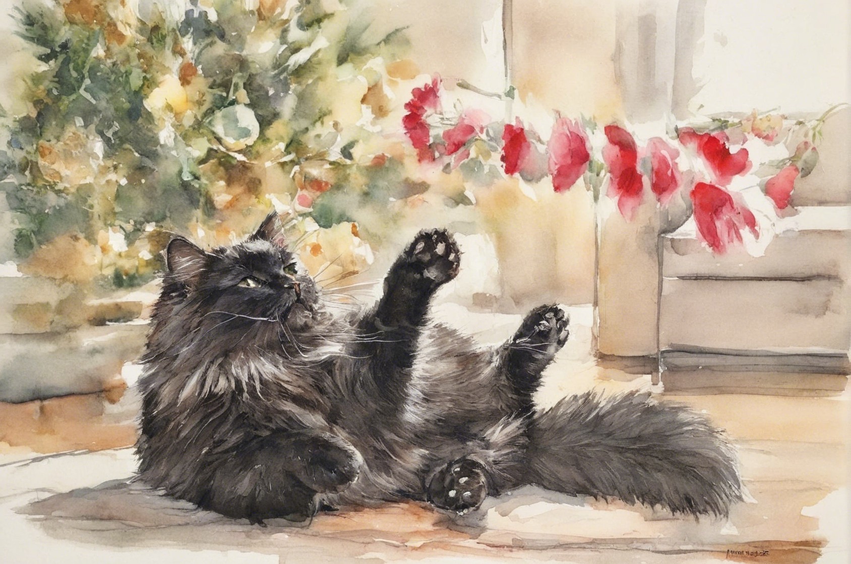 Fluffy Black Cat Lounging in Sunlit Floral Setting