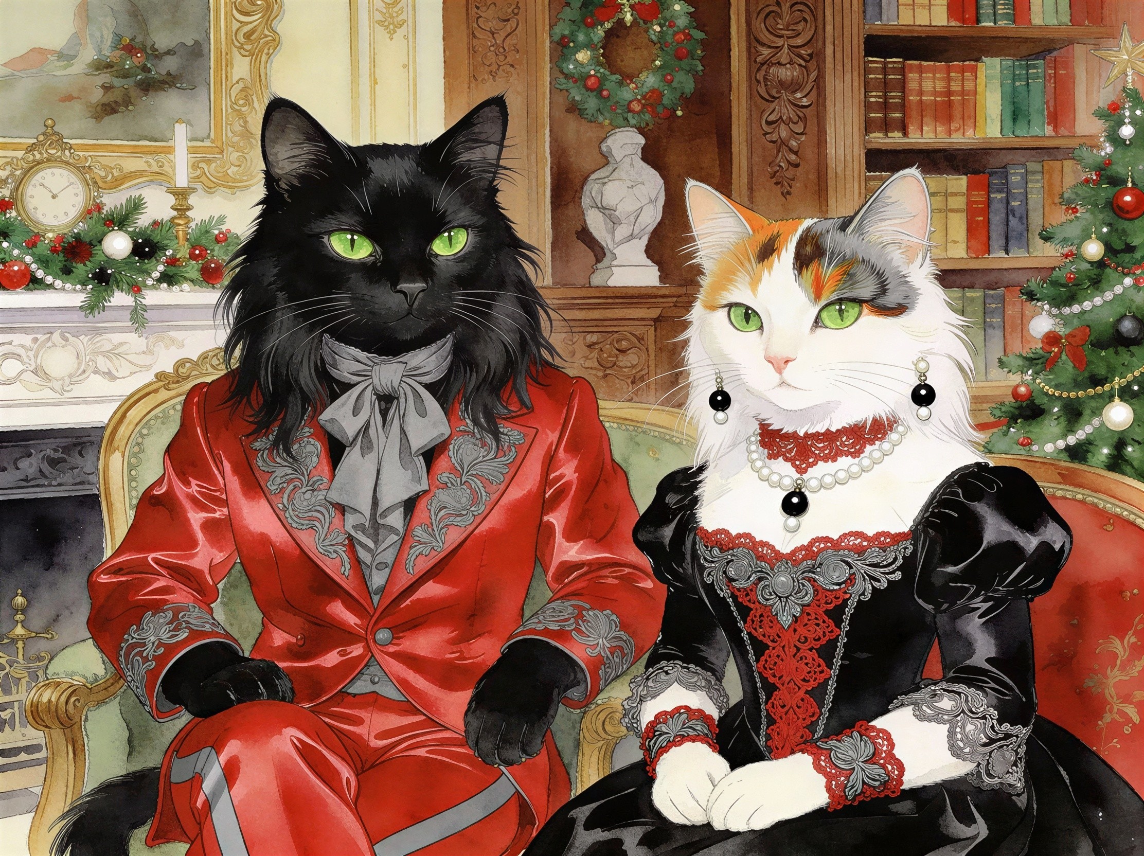 Regal Christmas Portrait of Two Anthropomorphic Cats