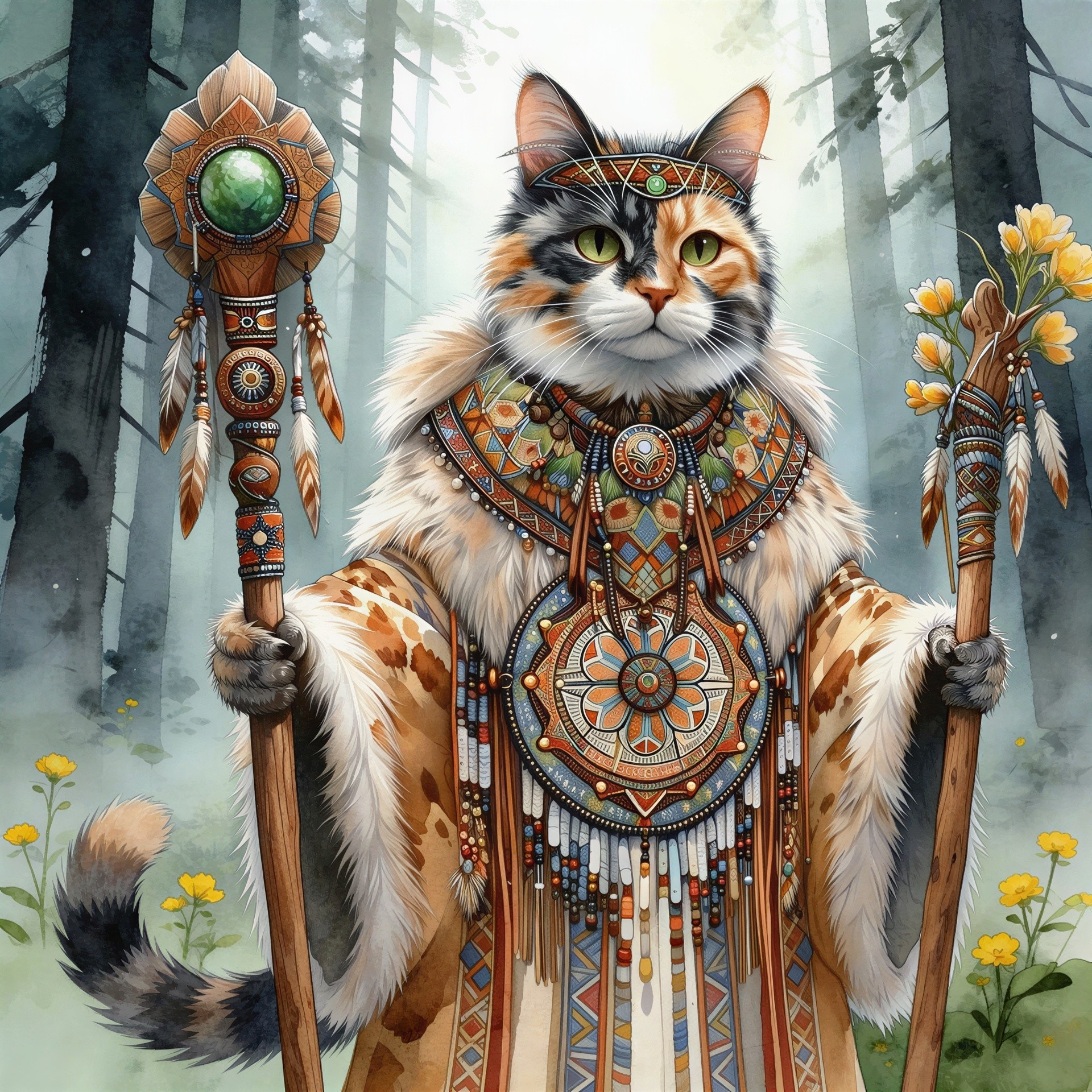 Watercolor Painting of Tortoiseshell Cat in Shamanic Attire