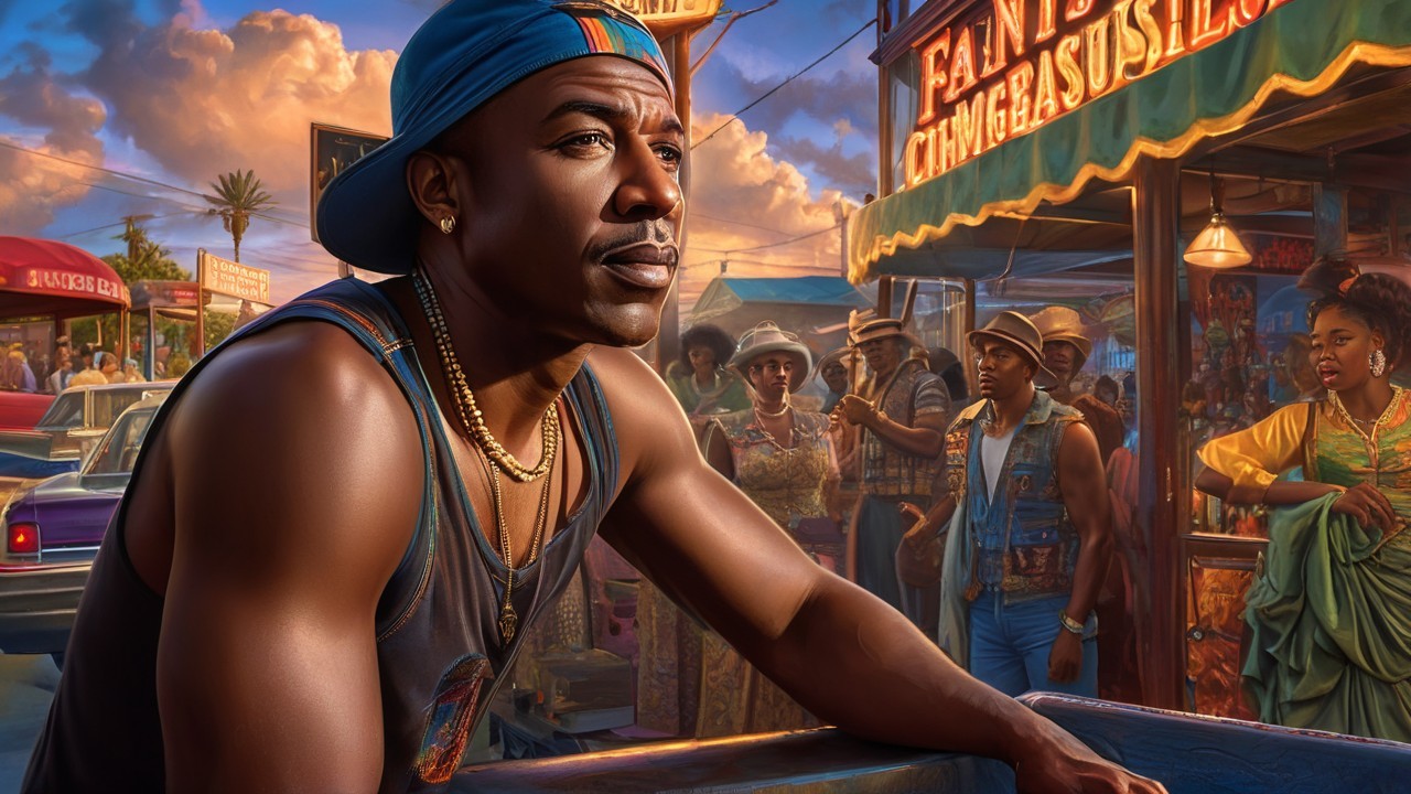 Muscular Man in Blue Cap at Vibrant Street Market