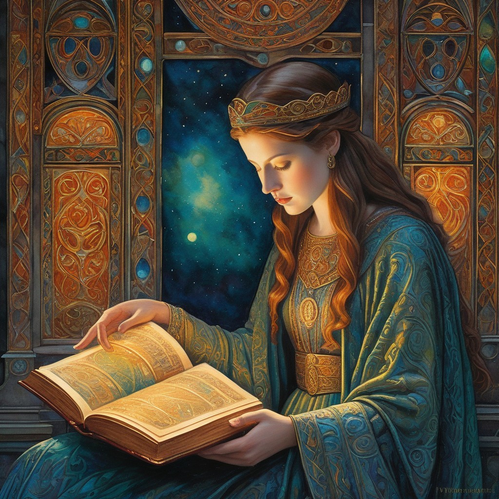 Young Woman in Ornate Dress with Ancient Book