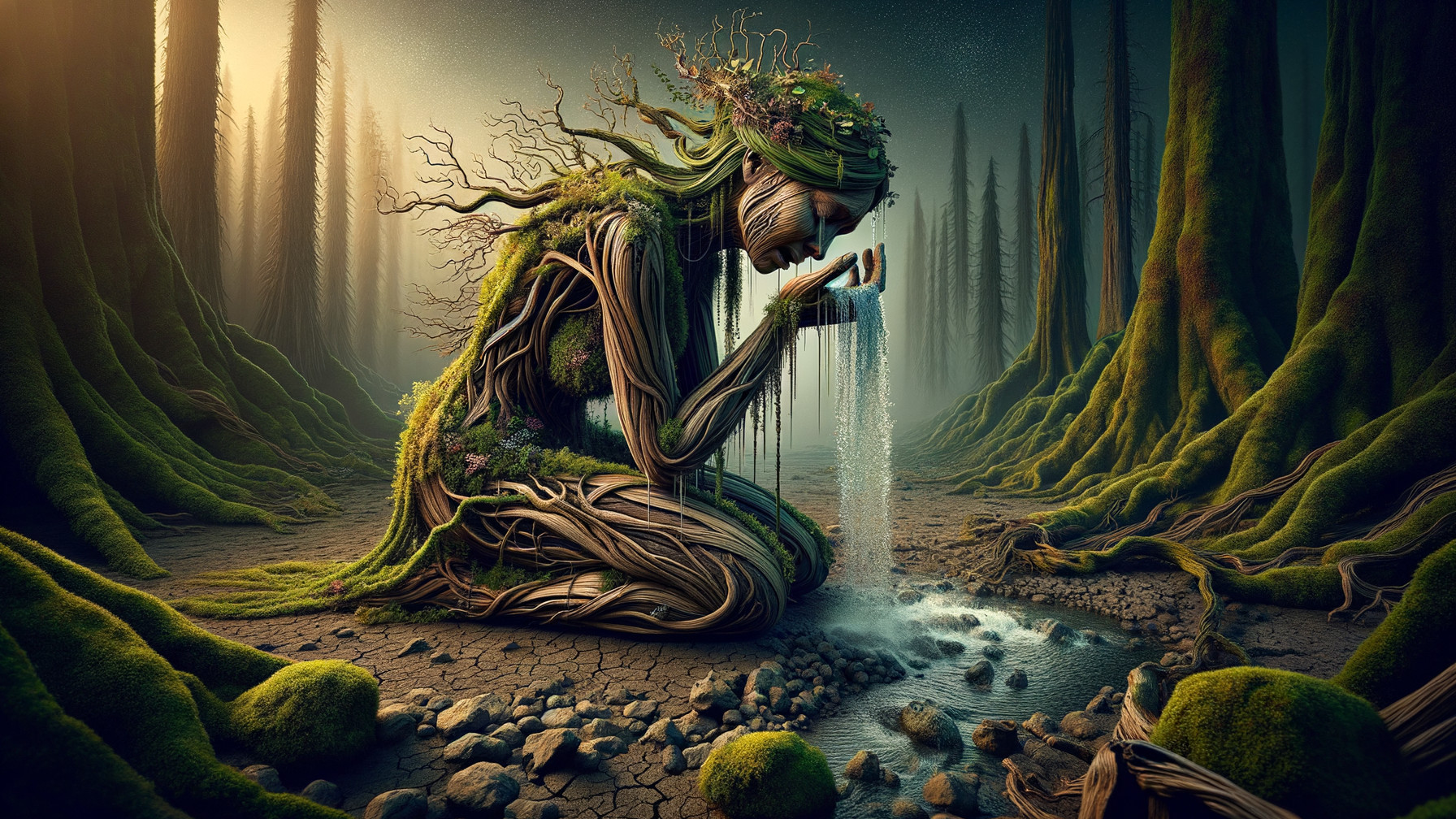 Serene figure in an enchanted forest with sunlight