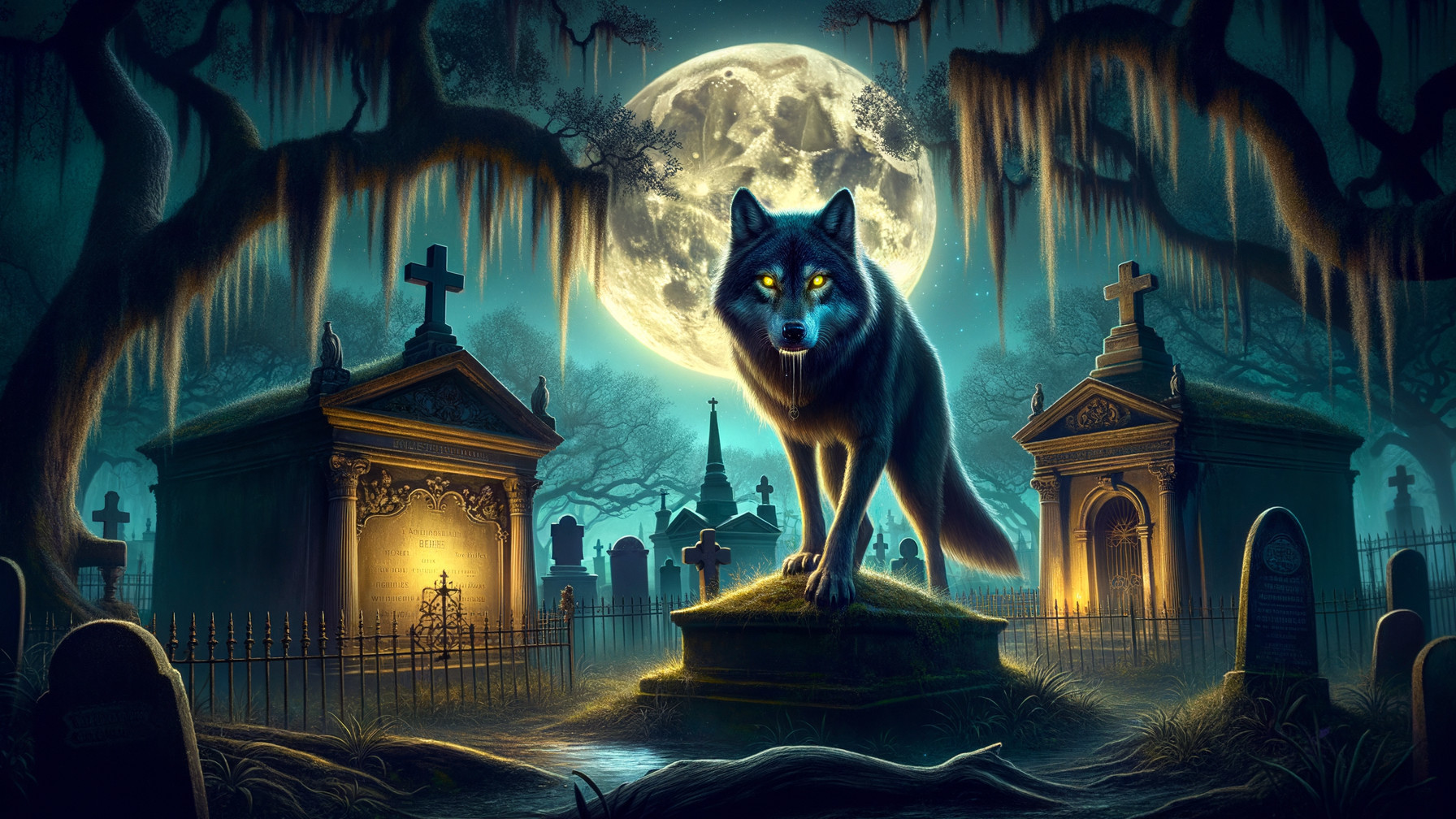 Wolf on Gravestone in Moonlit Graveyard Scene
